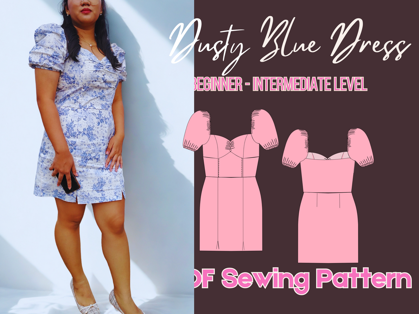 Dress Pattern, Sweetheart neck ,PDF Pattern, XS-4XL,Puff Sleeve,Pencil skirt, Woman Dress, Lady Template clothes, mini dress