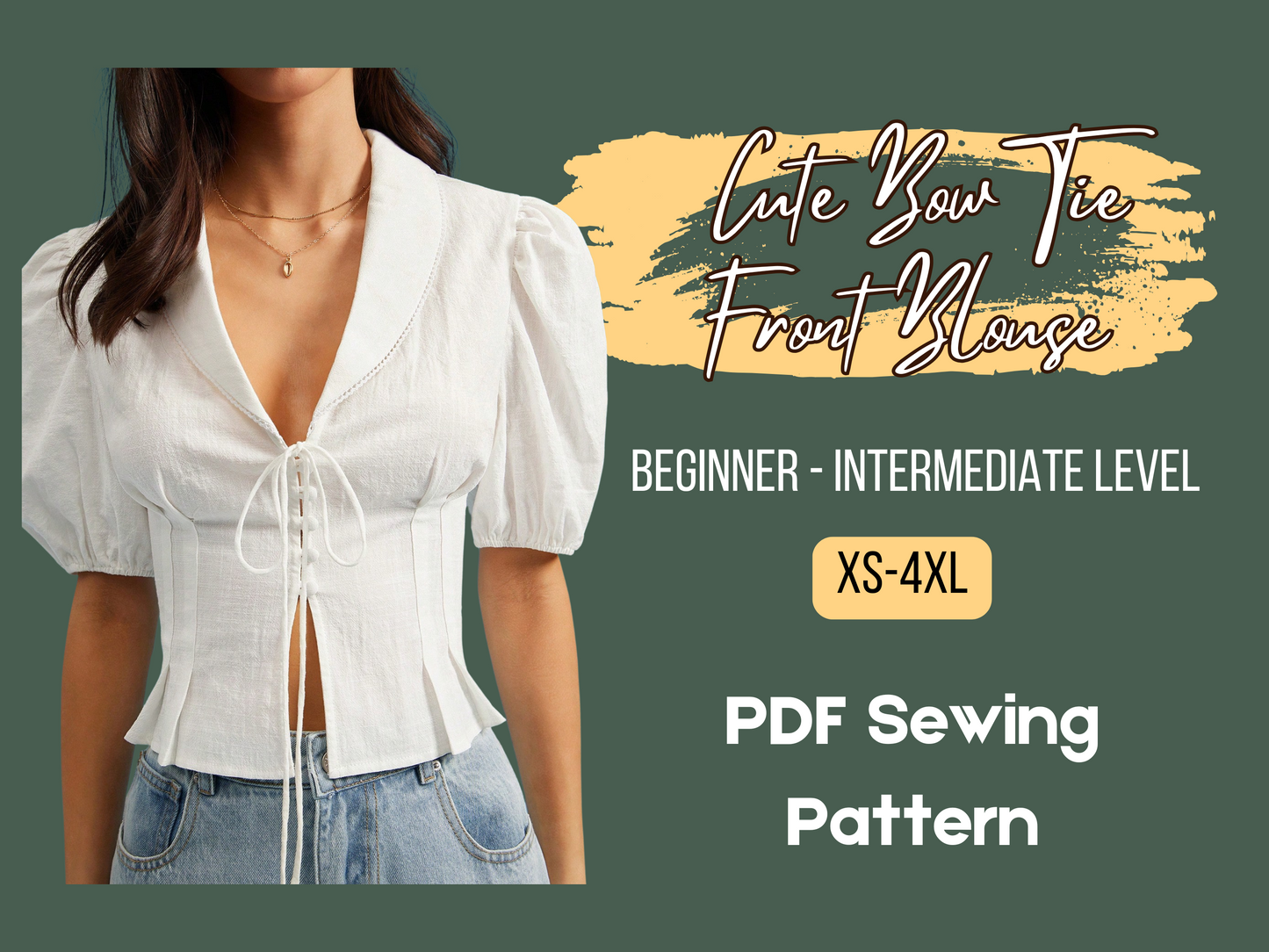 Blusenmuster, Kragen, tiefer V-Ausschnitt, Knopfleiste vorne, süße Fliege vorne, kurze Puffärmel, plissiertes Westerntop, PDF XS-4XL, Schnittmuster für Frauen