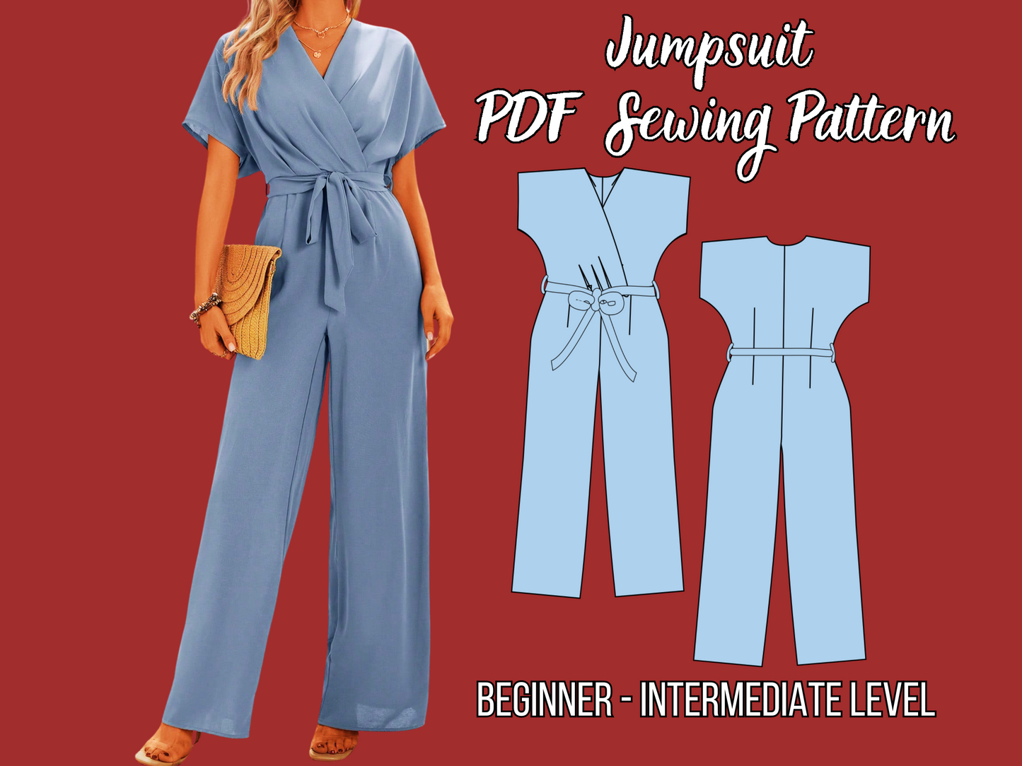 Patrón de mono para mujer, cinturón, pantalones anchos, cruzados, patrón de costura, tallas XS-4XL, descarga instantánea, ropa informal