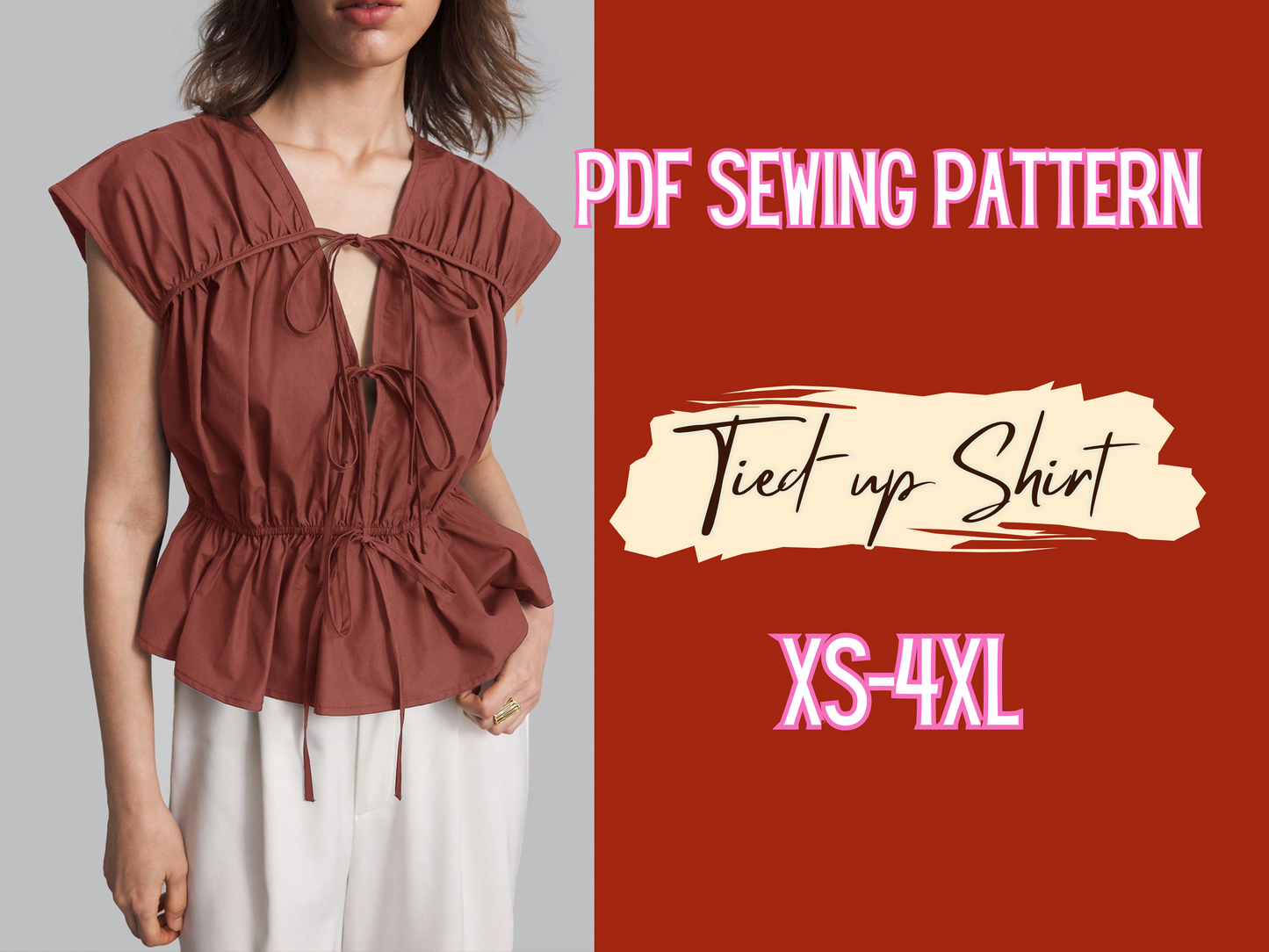 Patrón de blusa, patrón frontal fruncido con lazo, XS-4XL, fácil de coser, dobladillo acampanado, patrón sin forro, top de mujer