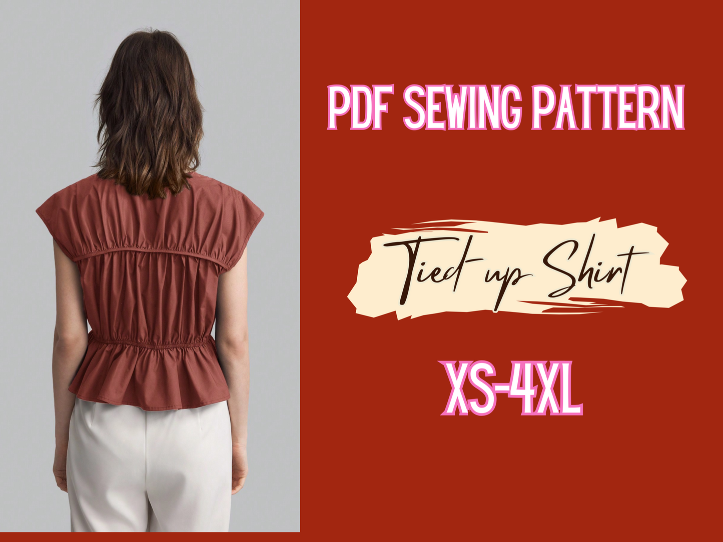 Patrón de blusa, patrón frontal fruncido con lazo, XS-4XL, fácil de coser, dobladillo acampanado, patrón sin forro, top de mujer