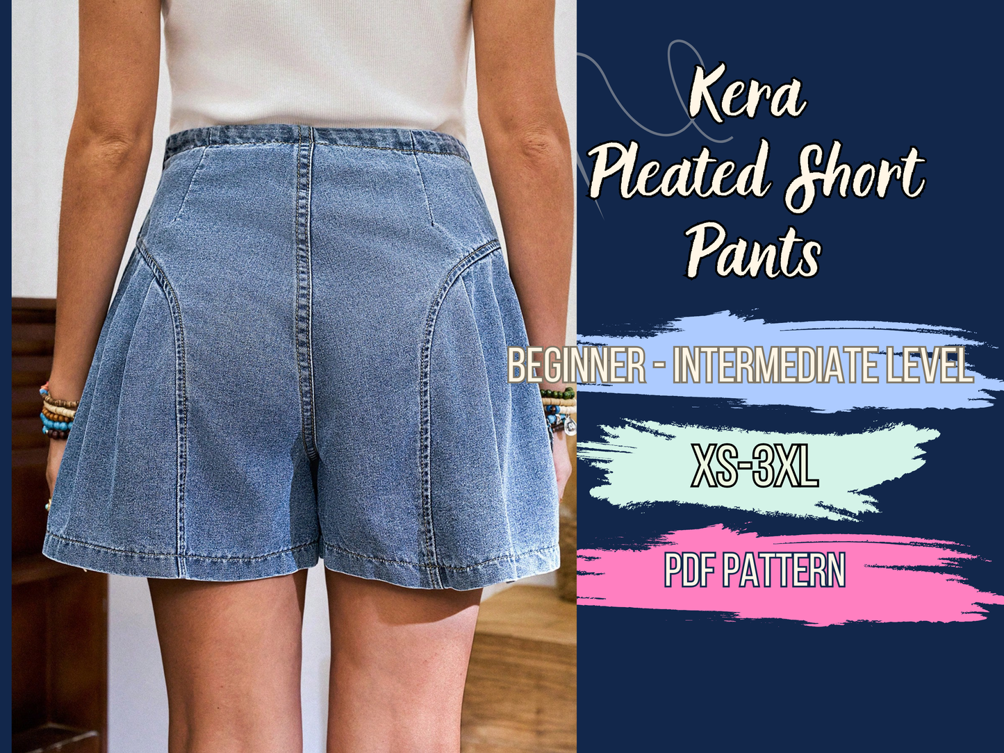 Short Pants Sewing Pattern, Pleated Ruffled High Waist Women, Denim Shorts Pattern, XS-3XL, Instant Download PDF Template