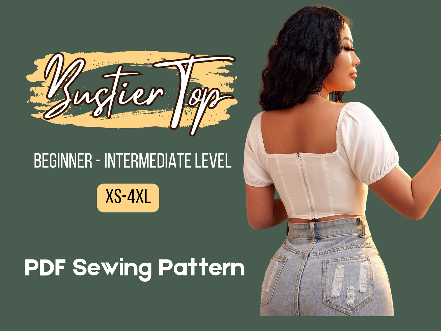 Top corto para mujer, patrón con cremallera en la espalda, tallas XS-4XL, patrón digital en PDF, blusa para mujer adolescente, top casual, corsé