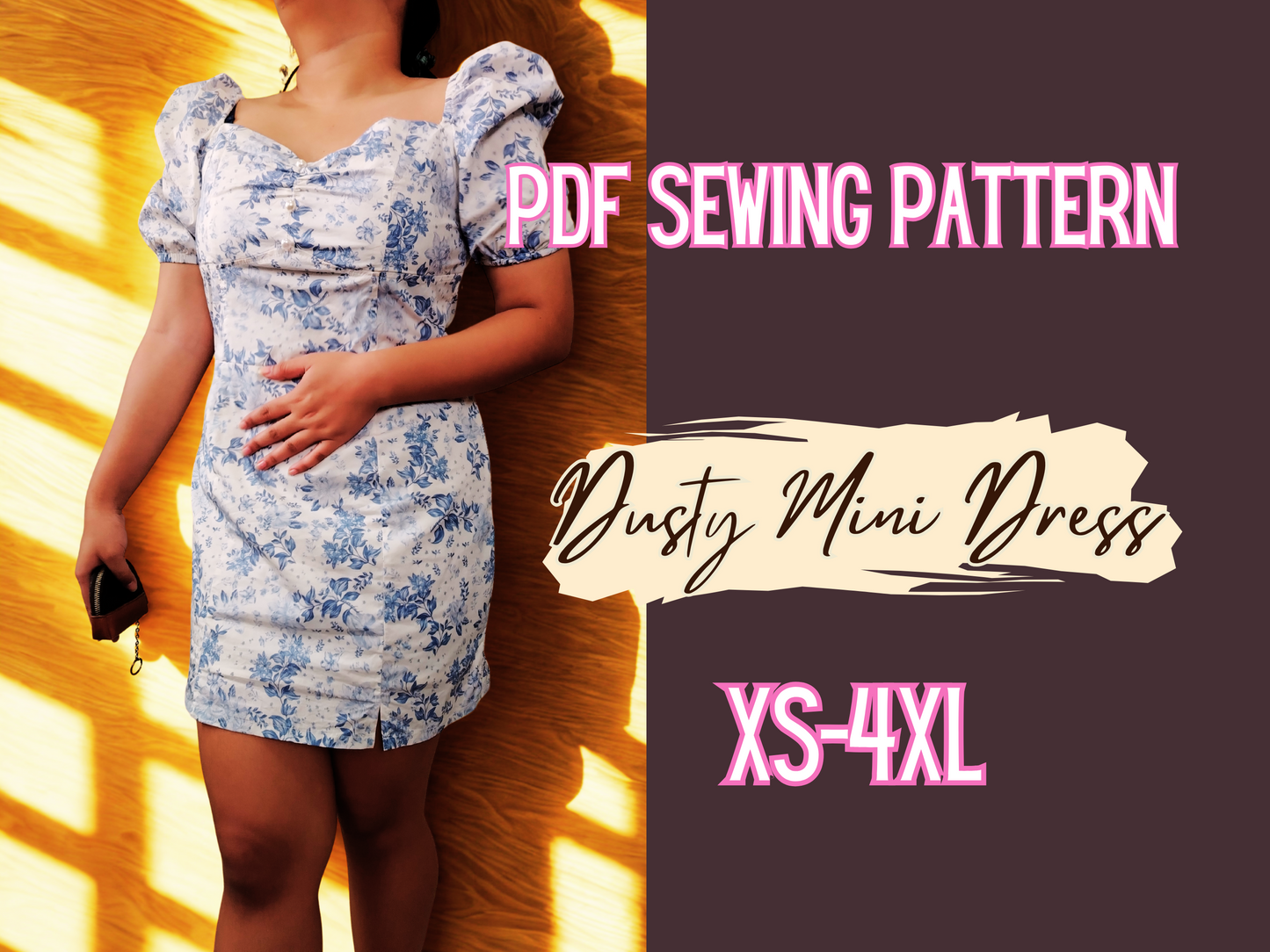 Dress Pattern, Sweetheart neck ,PDF Pattern, XS-4XL,Puff Sleeve,Pencil skirt, Woman Dress, Lady Template clothes, mini dress