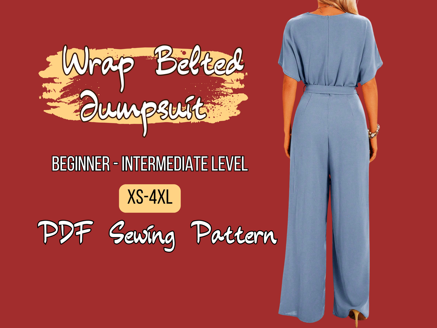 Patrón de mono para mujer, cinturón, pantalones anchos, cruzados, patrón de costura, tallas XS-4XL, descarga instantánea, ropa informal