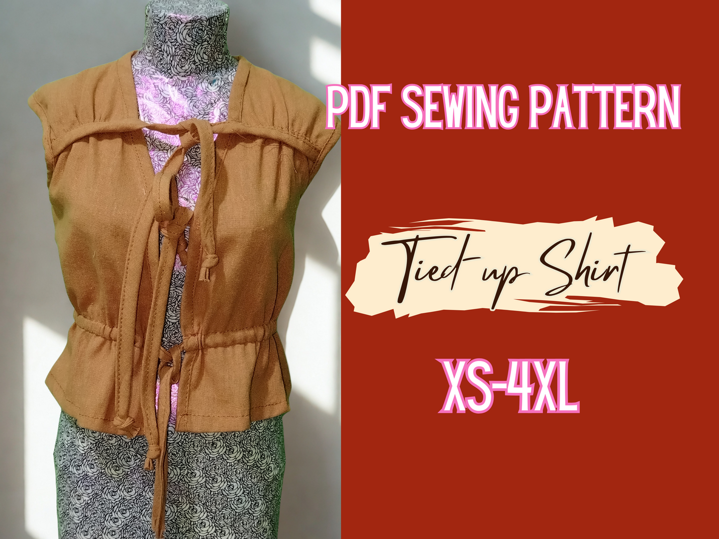 Patrón de blusa, patrón frontal fruncido con lazo, XS-4XL, fácil de coser, dobladillo acampanado, patrón sin forro, top de mujer