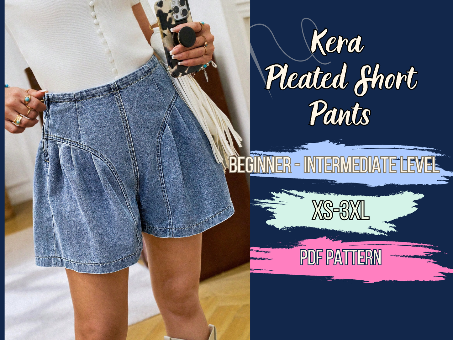 Short Pants Sewing Pattern, Pleated Ruffled High Waist Women, Denim Shorts Pattern, XS-3XL, Instant Download PDF Template