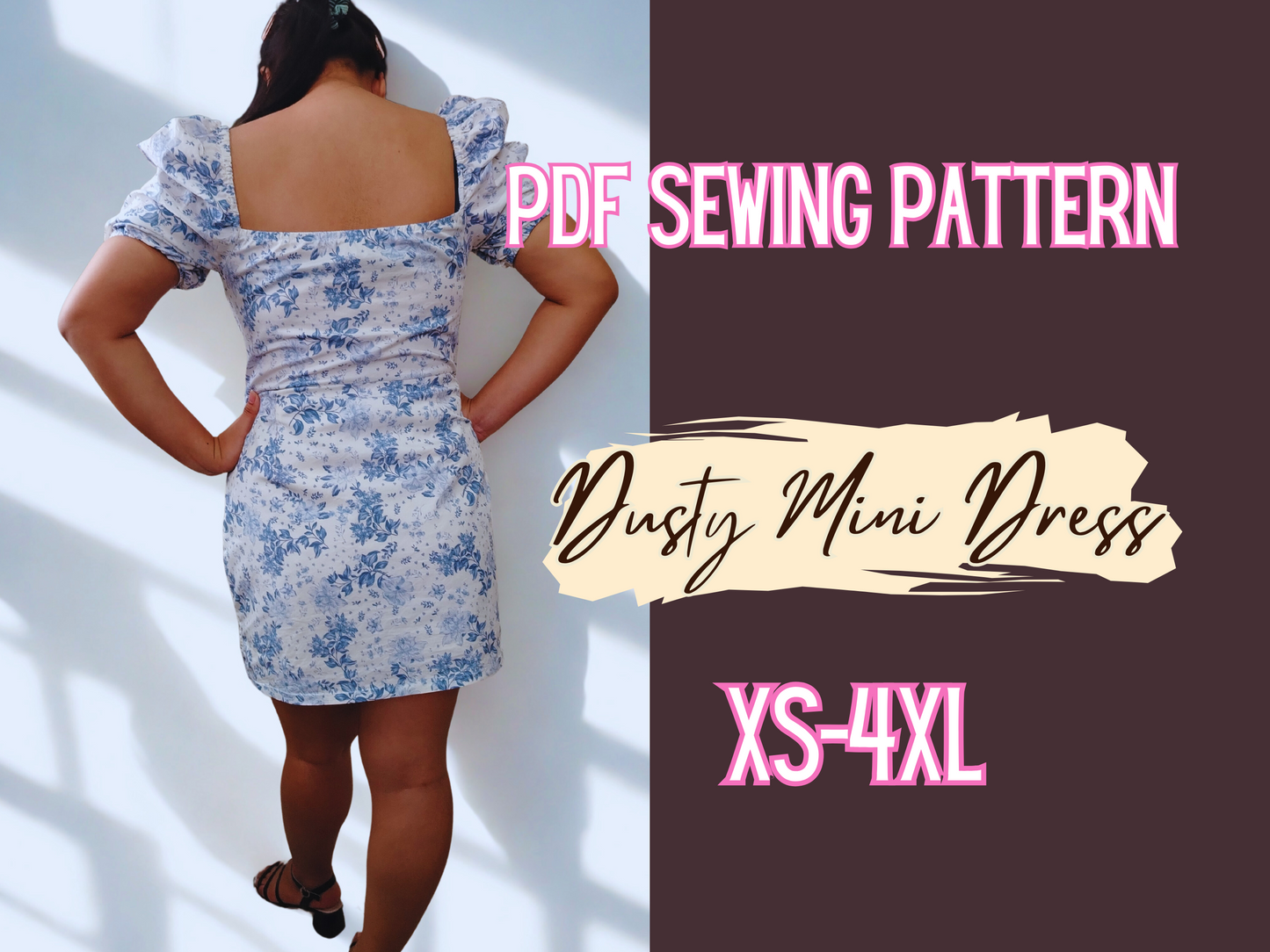 Dress Pattern, Sweetheart neck ,PDF Pattern, XS-4XL,Puff Sleeve,Pencil skirt, Woman Dress, Lady Template clothes, mini dress