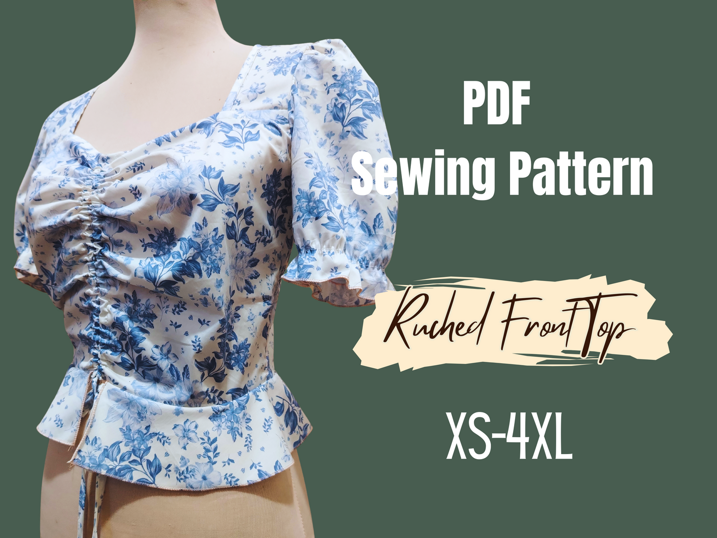 Patrón de blusa peplum con cuello corazón, costura digital, mangas abullonadas, dobladillo con volantes, PDF, tallas XS-4XL