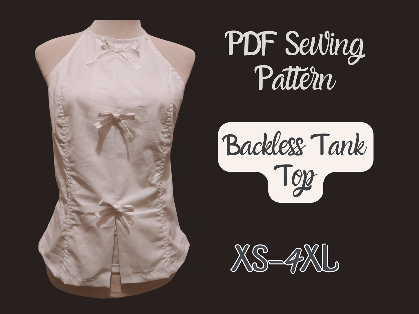 Rückenloses Top-Muster, Halter Neck Woman Digitalmuster, XS-4XL, Sofortiger Download, Ärmellose Bluse, Trendy Outfit, Schnittmuster Frau