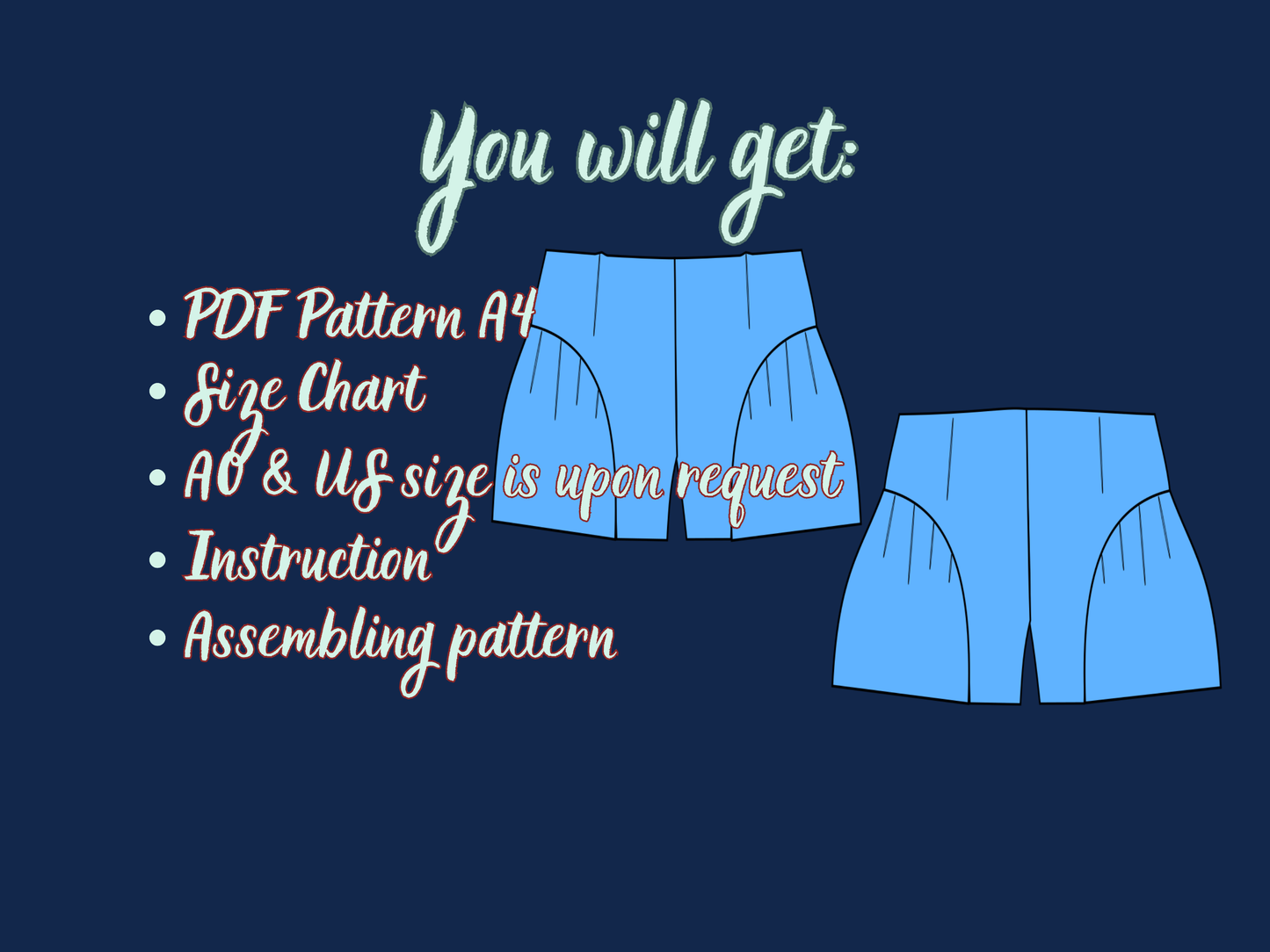Short Pants Sewing Pattern, Pleated Ruffled High Waist Women, Denim Shorts Pattern, XS-3XL, Instant Download PDF Template