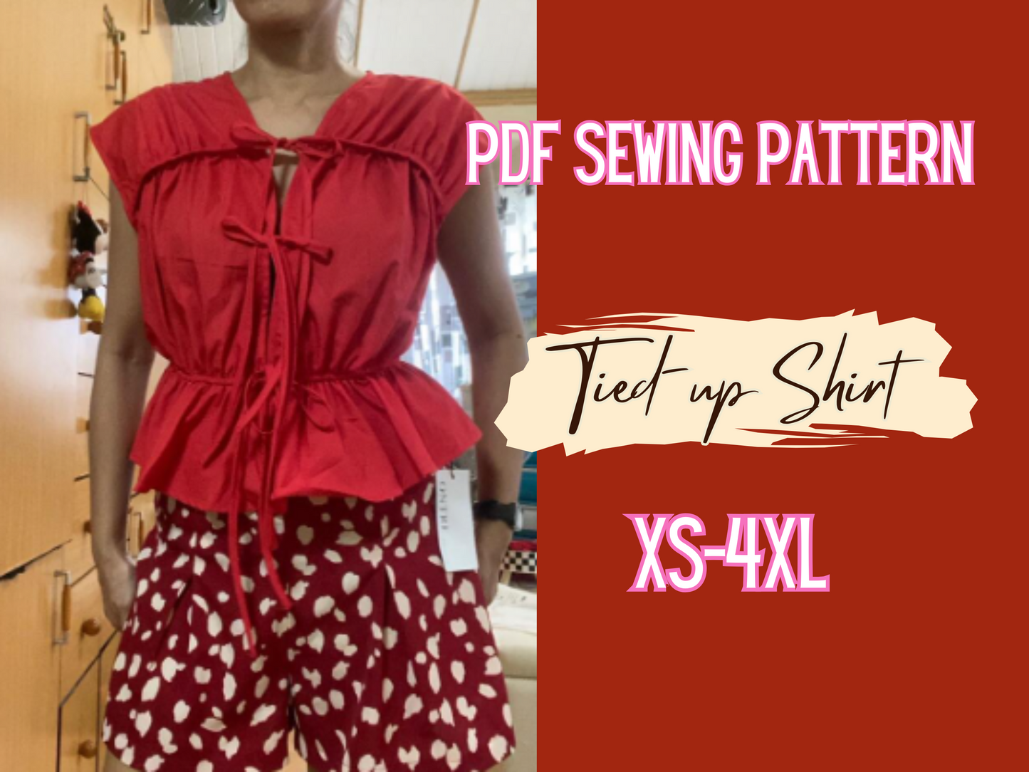 Patrón de blusa, patrón frontal fruncido con lazo, XS-4XL, fácil de coser, dobladillo acampanado, patrón sin forro, top de mujer