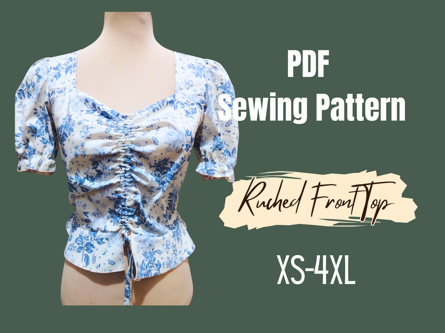 Patrón de blusa peplum con cuello corazón, costura digital, mangas abullonadas, dobladillo con volantes, PDF, tallas XS-4XL