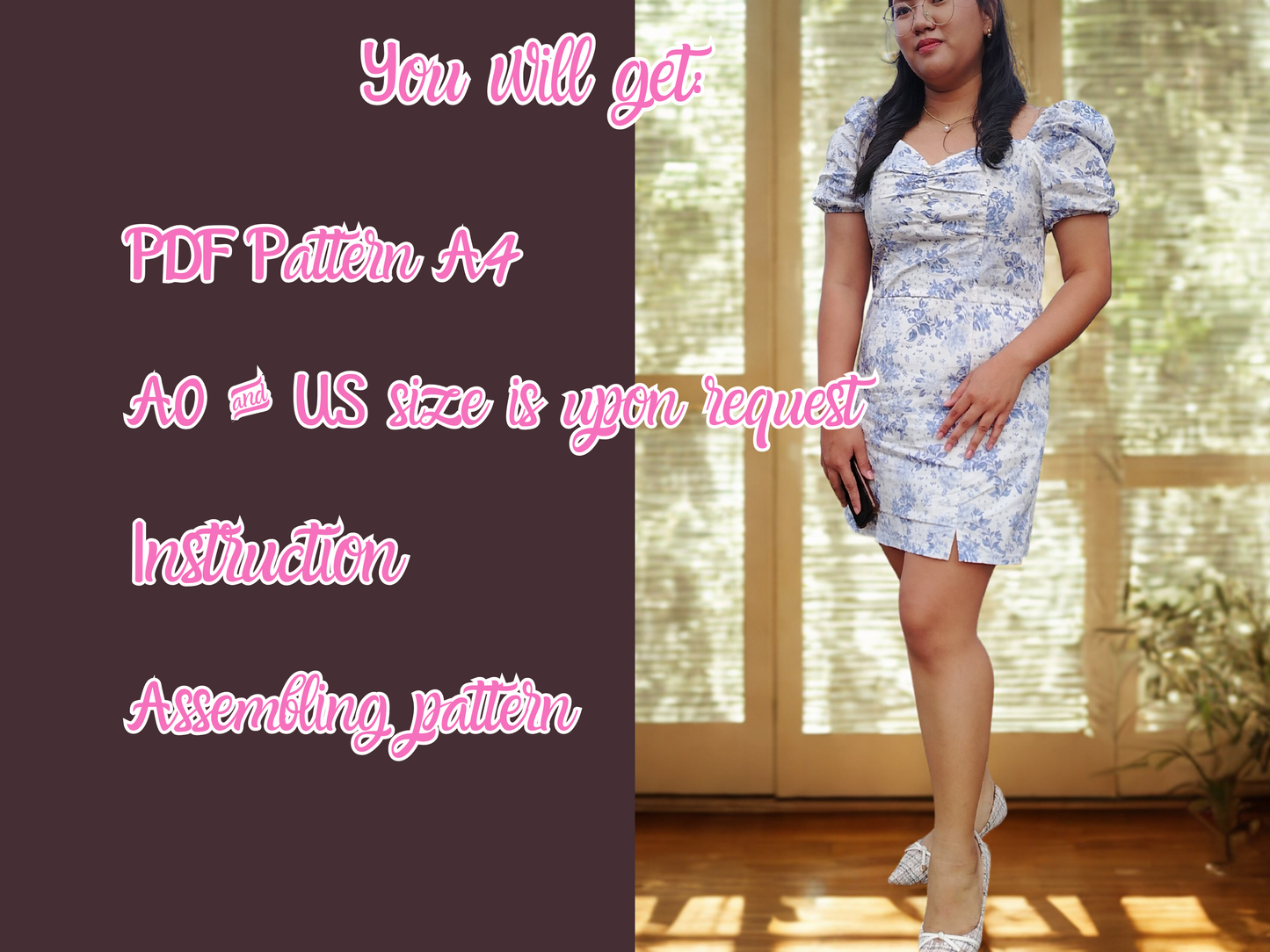 Dress Pattern, Sweetheart neck ,PDF Pattern, XS-4XL,Puff Sleeve,Pencil skirt, Woman Dress, Lady Template clothes, mini dress