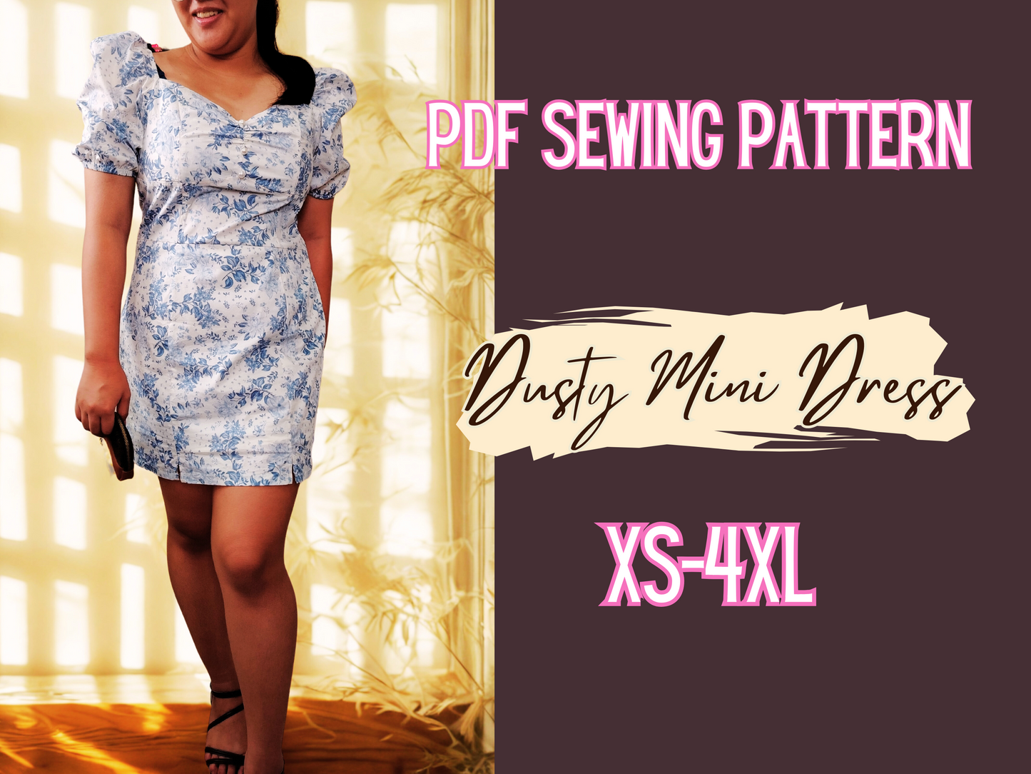 Dress Pattern, Sweetheart neck ,PDF Pattern, XS-4XL,Puff Sleeve,Pencil skirt, Woman Dress, Lady Template clothes, mini dress