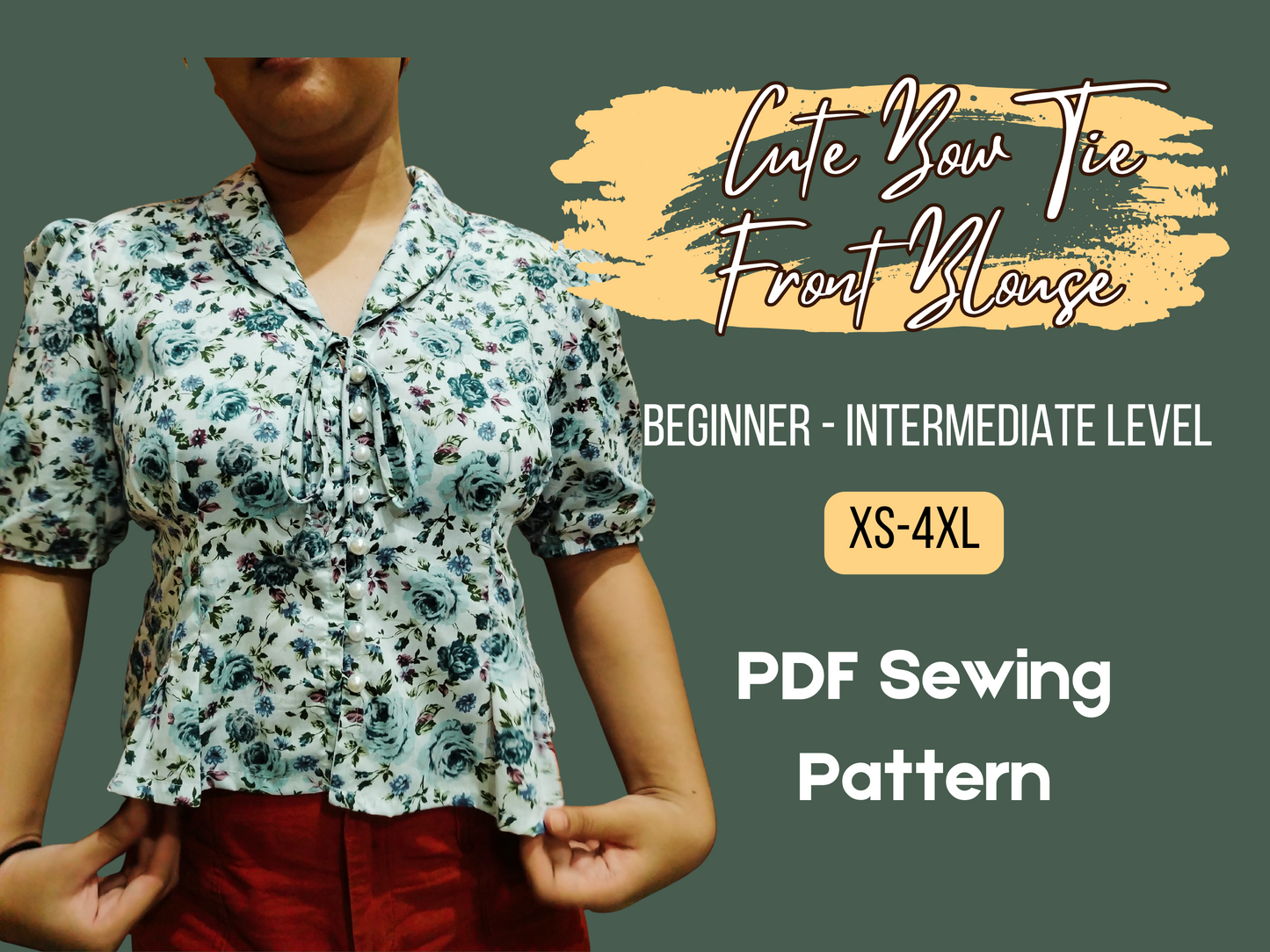 Blusenmuster, Kragen, tiefer V-Ausschnitt, Knopfleiste vorne, süße Fliege vorne, kurze Puffärmel, plissiertes Westerntop, PDF XS-4XL, Schnittmuster für Frauen