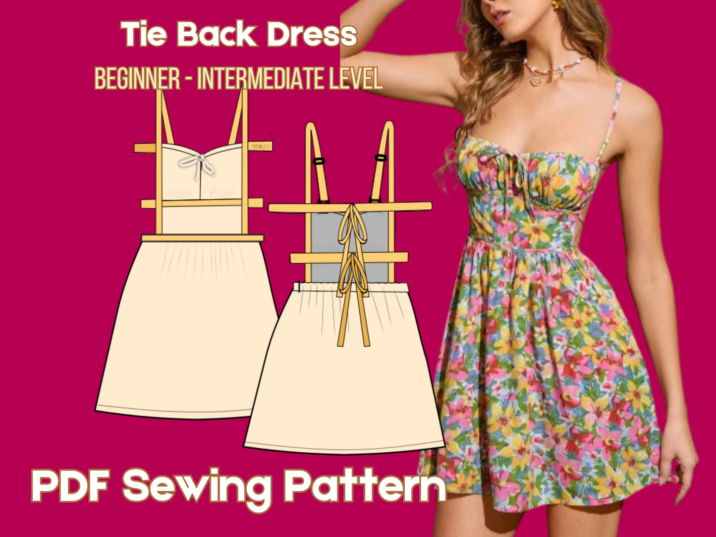 Dress Backless Sewing Pattern, Pdf XXS-4XL size, Easy to Sew, DIY Sundress, Open back, above the knee , Midi length , Trendy Dress