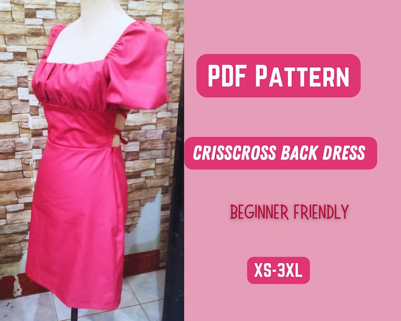 Patrón de vestido sin espalda, vestido sexy cruzado para mujer adolescente, patrón en PDF, minivestido con mangas abullonadas (tallas XS-3XL), falda en forma de A