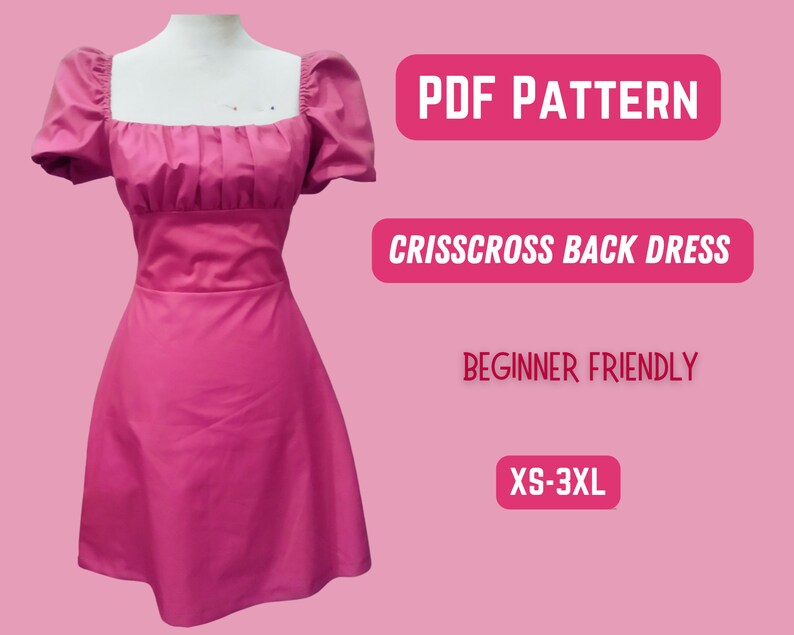 Patrón de vestido sin espalda, vestido sexy cruzado para mujer adolescente, patrón en PDF, minivestido con mangas abullonadas (tallas XS-3XL), falda en forma de A