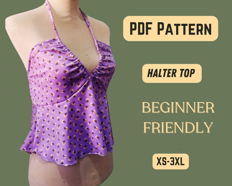 Patrón de costura para top halter, espalda con lazo, sin mangas, top corto, atuendo de verano DIY, fácil de coser, patrón XS-XXXL