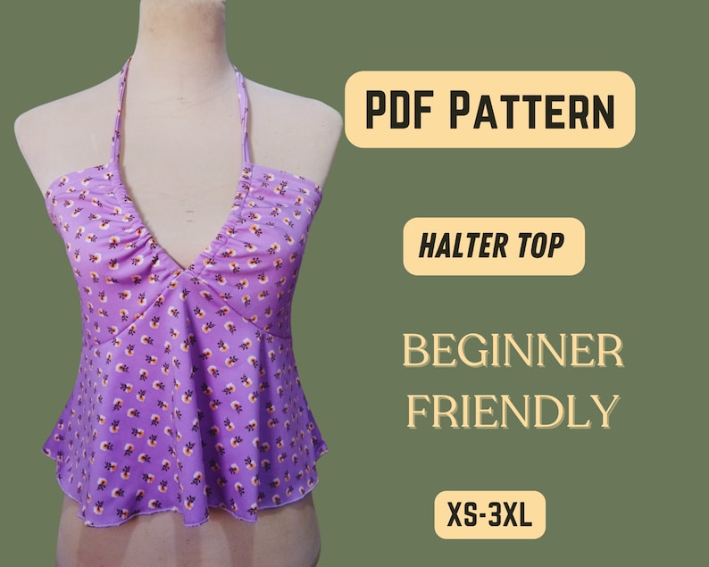 Patrón de costura para top halter, espalda con lazo, sin mangas, top corto, atuendo de verano DIY, fácil de coser, patrón XS-XXXL