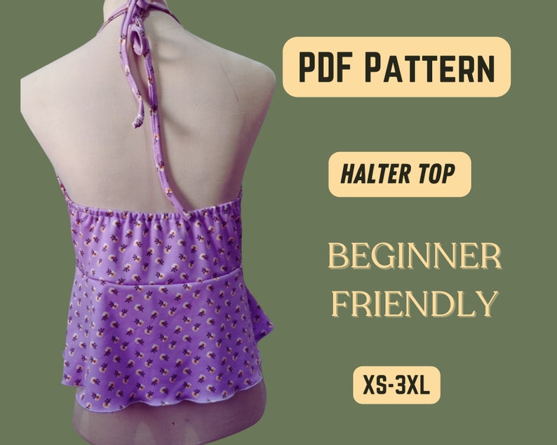 Patrón de costura para top halter, espalda con lazo, sin mangas, top corto, atuendo de verano DIY, fácil de coser, patrón XS-XXXL