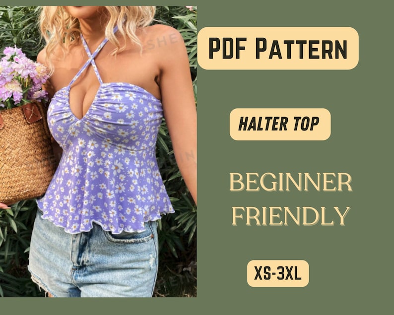 Patrón de costura para top halter, espalda con lazo, sin mangas, top corto, atuendo de verano DIY, fácil de coser, patrón XS-XXXL