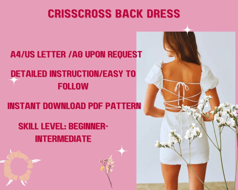 Patrón de vestido sin espalda, vestido sexy cruzado para mujer adolescente, patrón en PDF, minivestido con mangas abullonadas (tallas XS-3XL), falda en forma de A