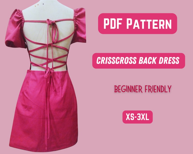 Patrón de vestido sin espalda, vestido sexy cruzado para mujer adolescente, patrón en PDF, minivestido con mangas abullonadas (tallas XS-3XL), falda en forma de A