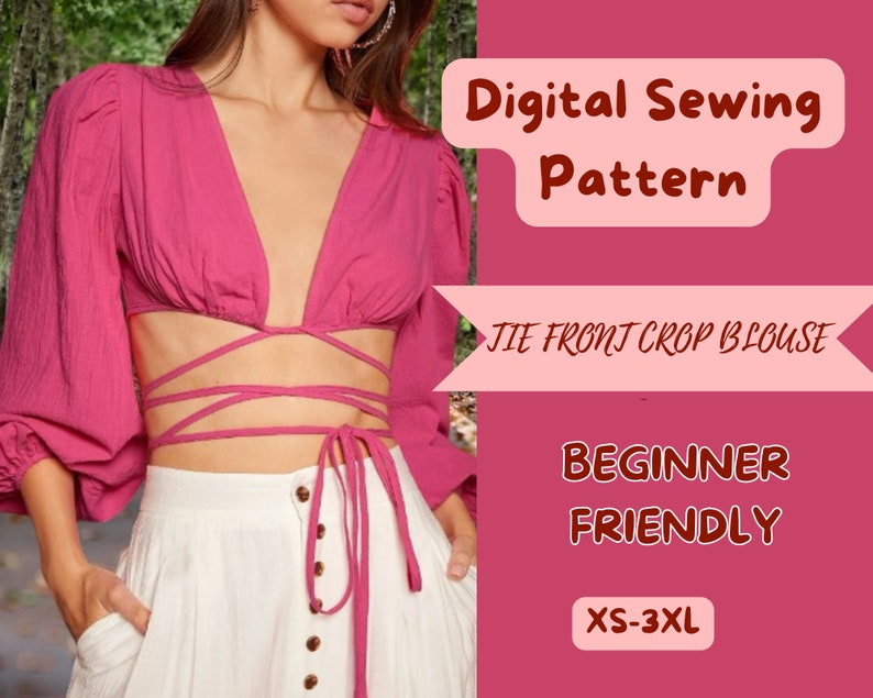 Schnittmuster für Top mit Bindeband vorne, Crop Top, kein Reißverschluss, einfach zu nähen, XS-3XL PDF, Sommeroutfit mit Bischofsärmeln