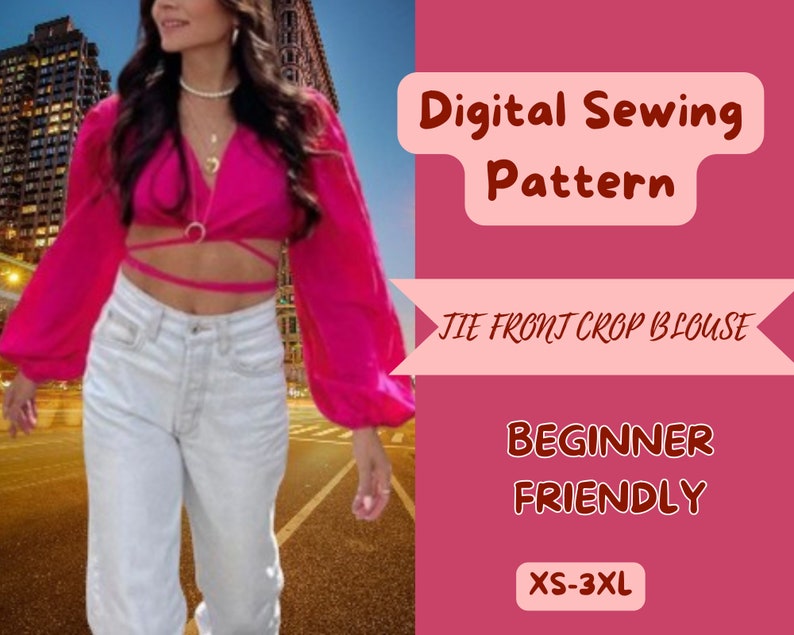 Schnittmuster für Top mit Bindeband vorne, Crop Top, kein Reißverschluss, einfach zu nähen, XS-3XL PDF, Sommeroutfit mit Bischofsärmeln