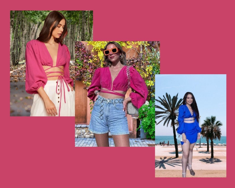 Schnittmuster für Top mit Bindeband vorne, Crop Top, kein Reißverschluss, einfach zu nähen, XS-3XL PDF, Sommeroutfit mit Bischofsärmeln