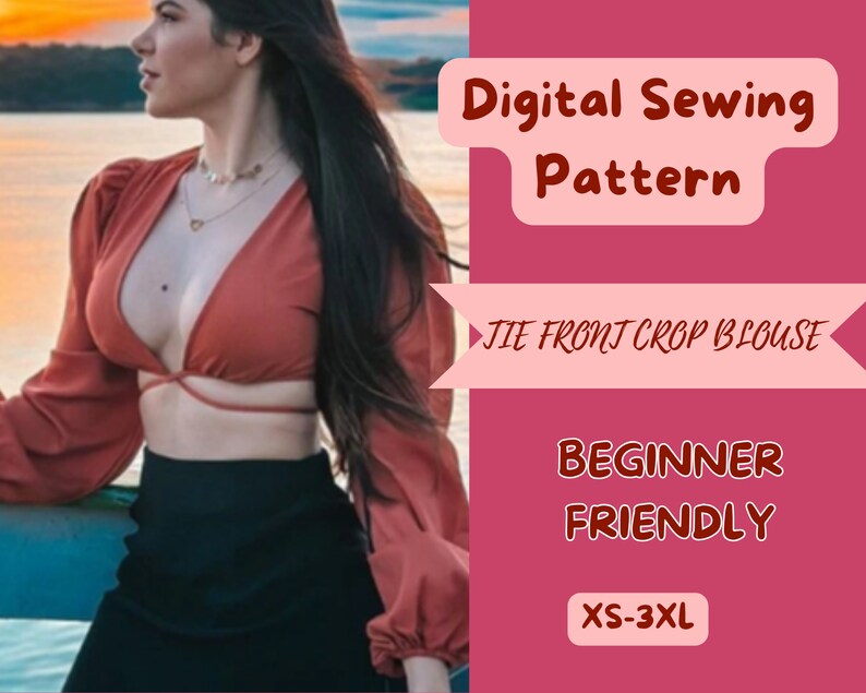 Schnittmuster für Top mit Bindeband vorne, Crop Top, kein Reißverschluss, einfach zu nähen, XS-3XL PDF, Sommeroutfit mit Bischofsärmeln