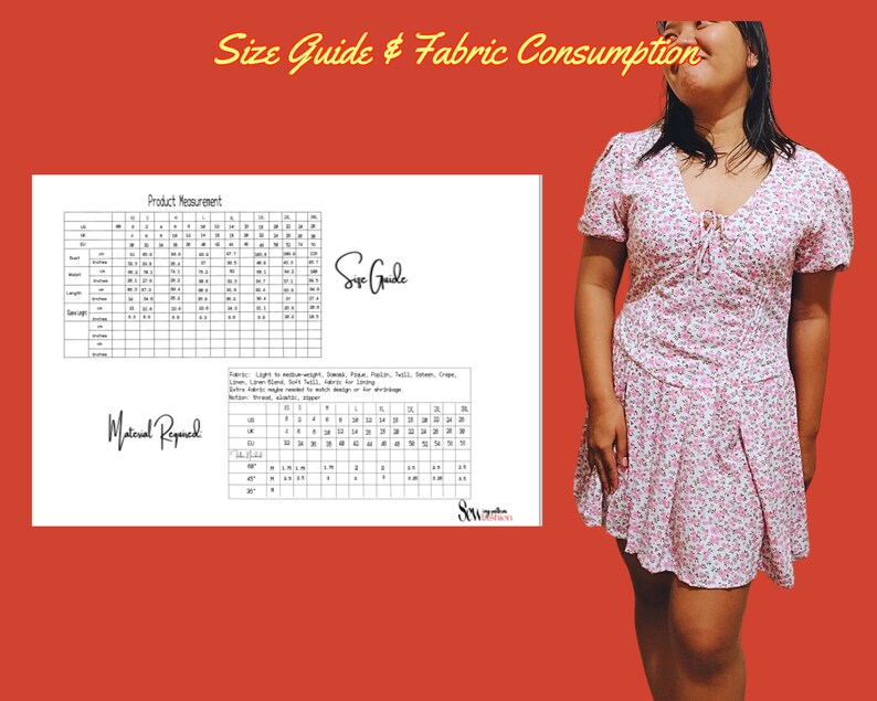 Kleidmuster mit niedriger Taille, Puffärmel mit tiefem Ausschnitt, kurzes Kleid, digitale Datei, Sommerkleid, Größe XS-3XL, Diy-Mode, tiefe Taille