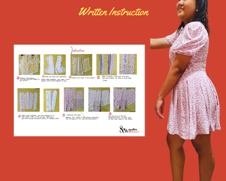 Kleidmuster mit niedriger Taille, Puffärmel mit tiefem Ausschnitt, kurzes Kleid, digitale Datei, Sommerkleid, Größe XS-3XL, Diy-Mode, tiefe Taille