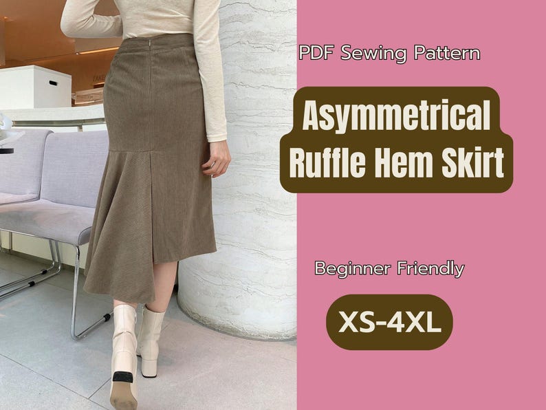 Rockmuster, Rüschensaum, asymmetrischer Rock PDF-Muster, XS-4XL, herunterladbares Damenoutfit, digitales Muster