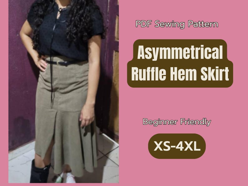 Rockmuster, Rüschensaum, asymmetrischer Rock PDF-Muster, XS-4XL, herunterladbares Damenoutfit, digitales Muster