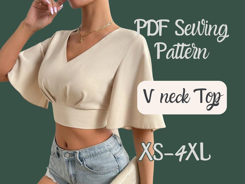 Crop Top Muster, Schmetterlingsärmel Top, PDF Muster, Xs-4XL, Bluse ohne Reißverschluss, Einfach zu nähendes Top