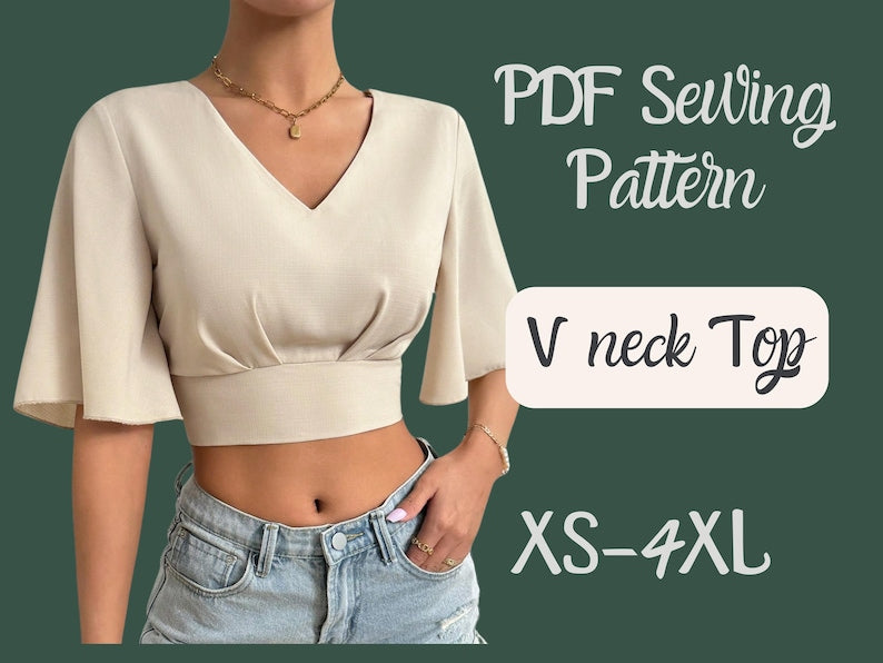 Crop Top Muster, Schmetterlingsärmel Top, PDF Muster, Xs-4XL, Bluse ohne Reißverschluss, Einfach zu nähendes Top