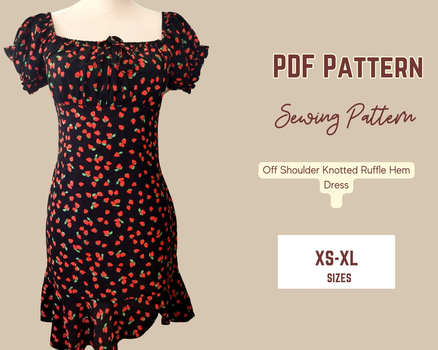 Patrón de vestido con hombros descubiertos, mangas abullonadas, elástico, sexy, PDF, tallas XS-XXL, con lazo delantero, dobladillo con volantes, plantilla para mujer