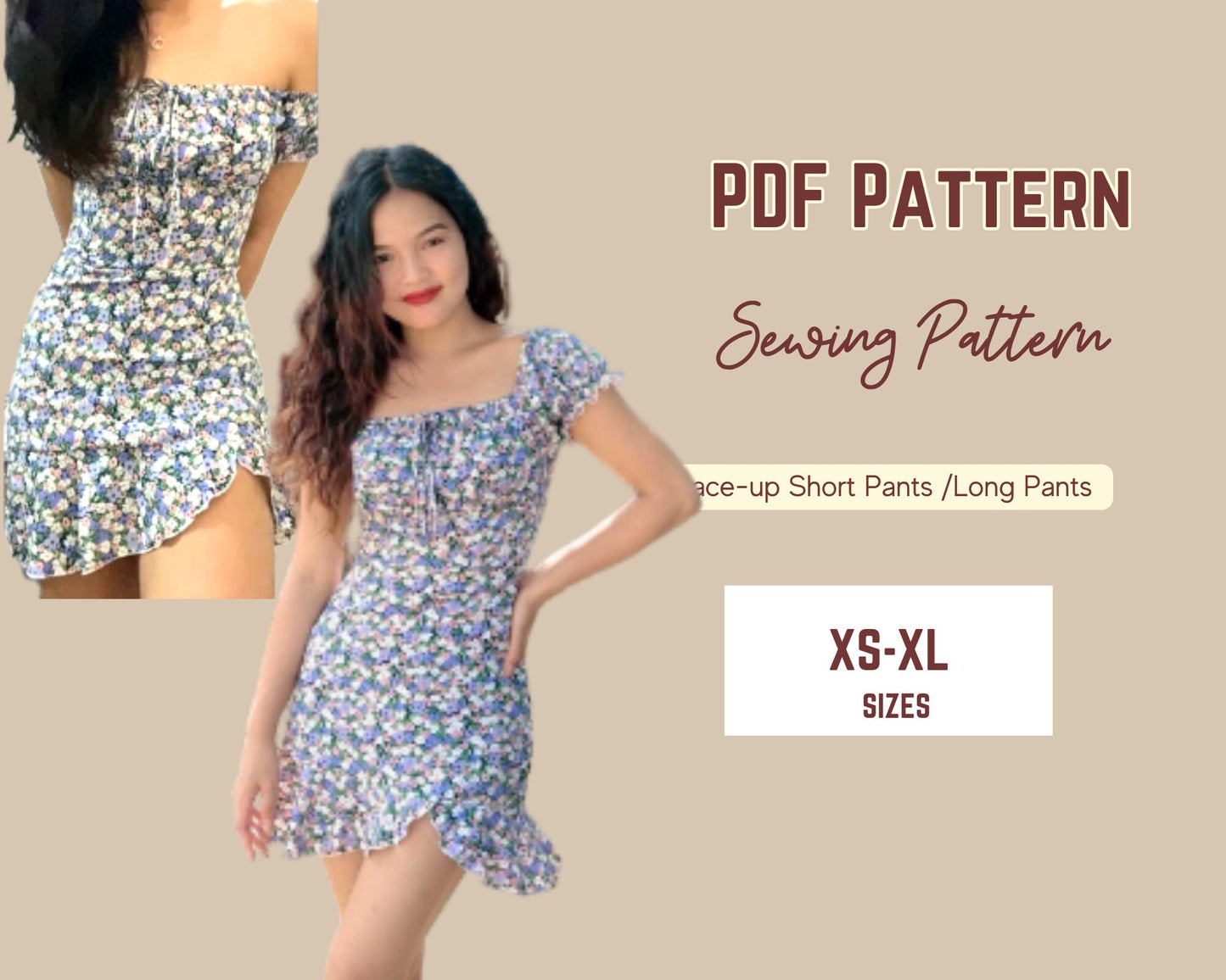 Patrón de vestido con hombros descubiertos, mangas abullonadas, elástico, sexy, PDF, tallas XS-XXL, con lazo delantero, dobladillo con volantes, plantilla para mujer