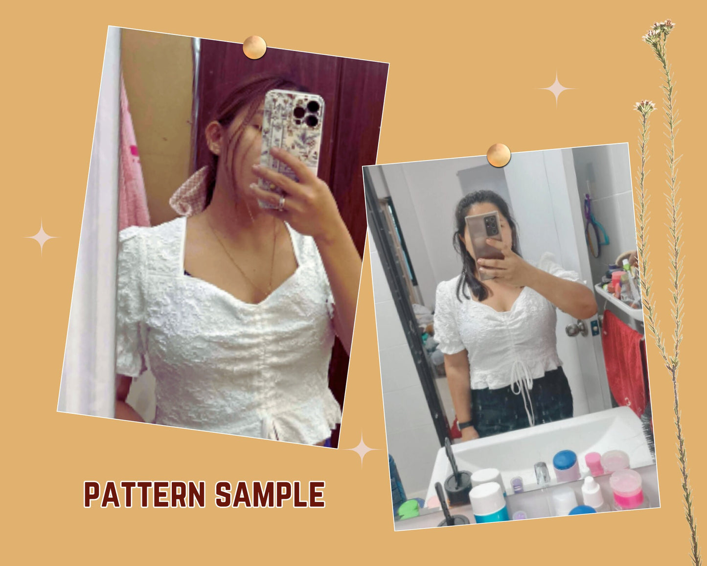 Patrón de blusa peplum con cuello corazón, costura digital, mangas abullonadas, dobladillo con volantes, PDF, tallas XS-4XL