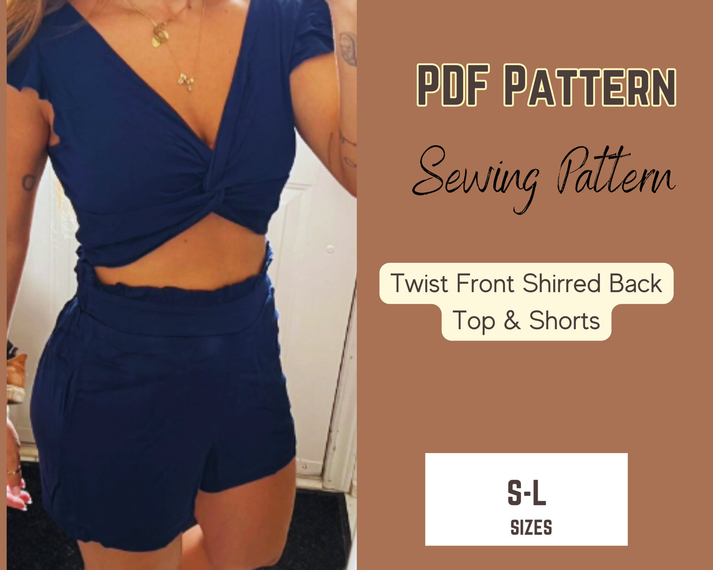Top mit Rüschenärmeln, Twist-Front-Top, Taillenshorts PDF SL, Leinen DIY Zweiteiler-Outfits, Sommermode