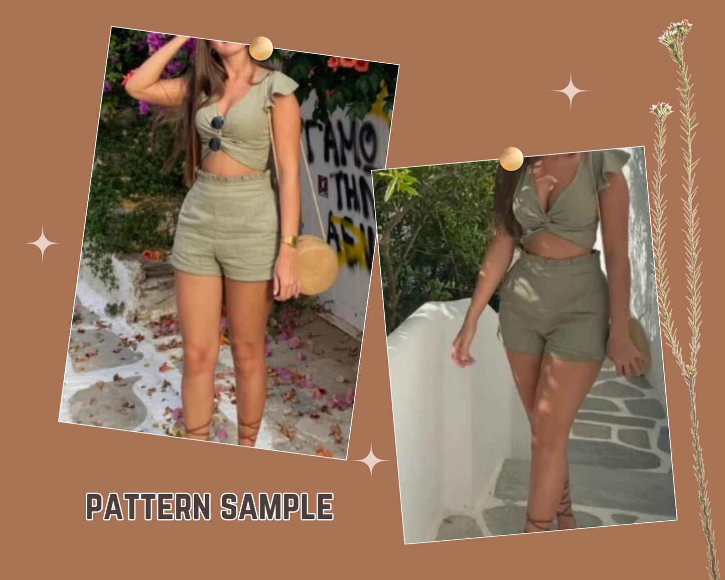Top mit Rüschenärmeln, Twist-Front-Top, Taillenshorts PDF SL, Leinen DIY Zweiteiler-Outfits, Sommermode