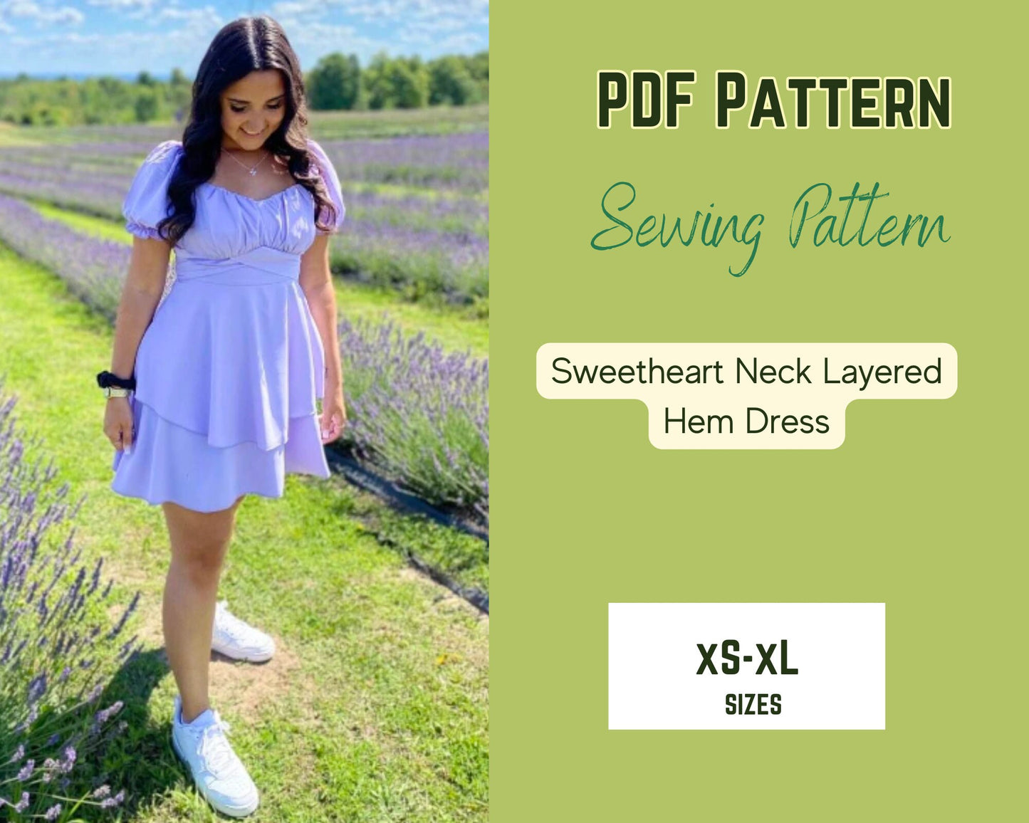 Patrón de costura de vestido, falda de doble capa, PDF, espalda abullonada con lazo, mangas XS-4XL, vestido de fiesta fácil de coser, vestido de escote corazón, plantilla de vestido