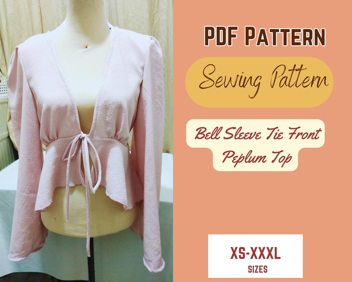 Patrón de costura para blusa con mangas acampanadas, lazo delantero, peplum, volantes en el bajo, tallas XS-XXXL, escote en V profundo.