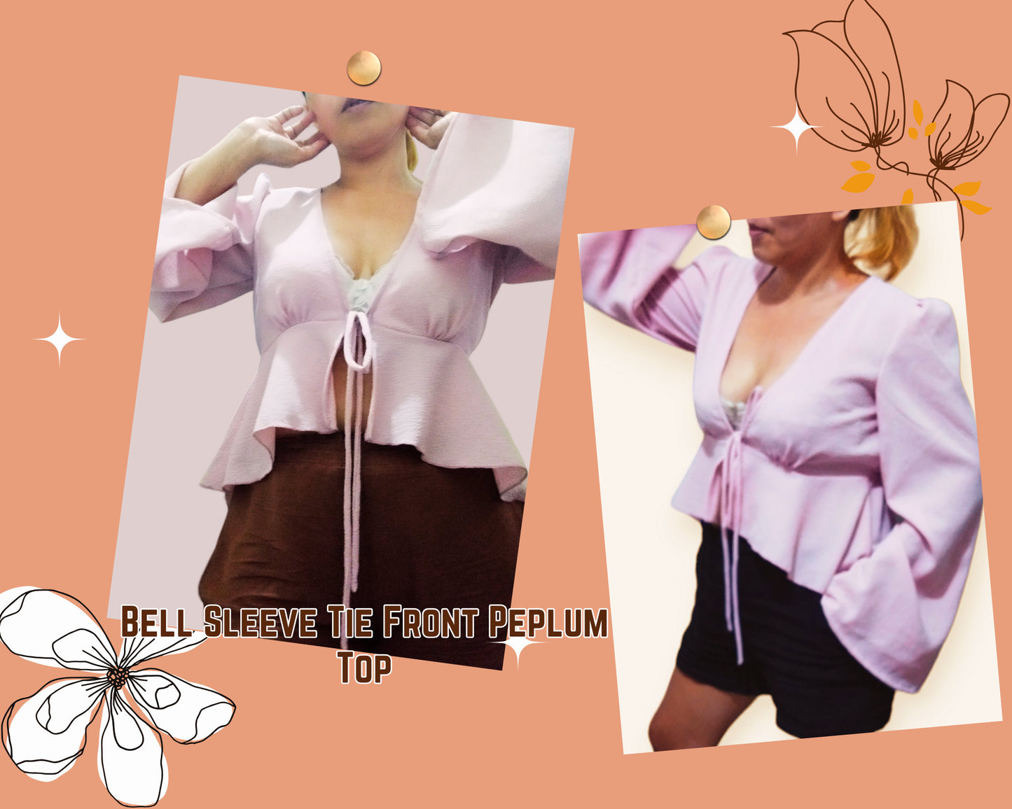 Patrón de costura para blusa con mangas acampanadas, lazo delantero, peplum, volantes en el bajo, tallas XS-XXXL, escote en V profundo.