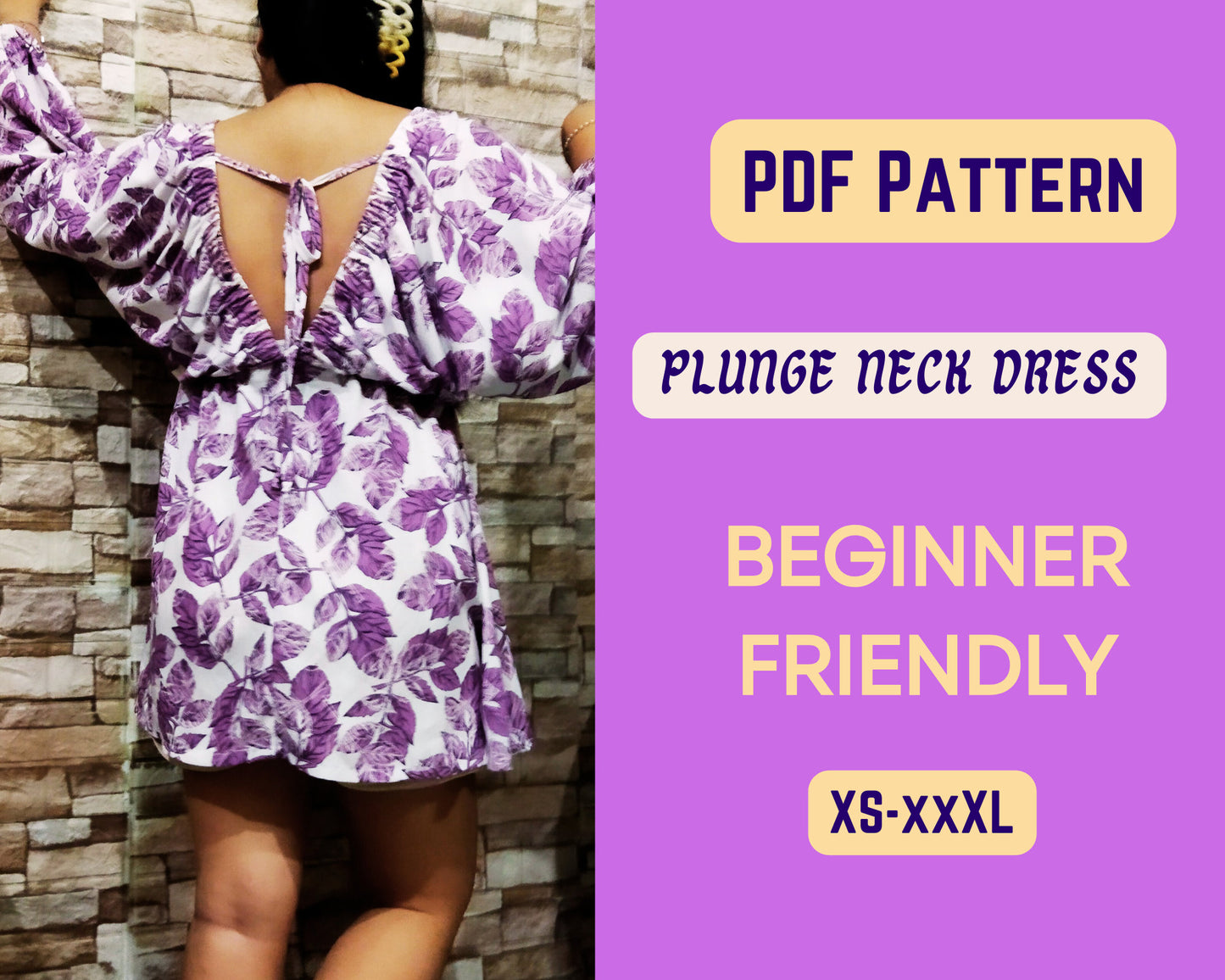 Schnittmuster für Kleid mit tiefem Ausschnitt, Urlaubskleid, PDF-Muster, Sexy Damenmode, XS-XXXL, Umstandsmode, tiefer V-Ausschnitt