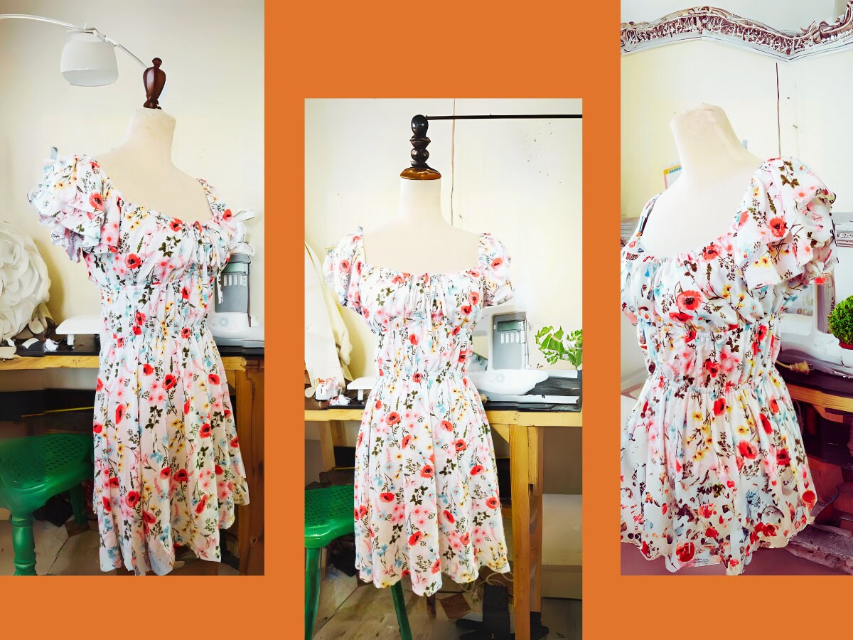 Patrón de vestido con mangas con volantes, tallas XS-XXXL, patrón digital en PDF, ropa para fiestas, cintura elástica, patrón fácil para mujer, vestido babydoll