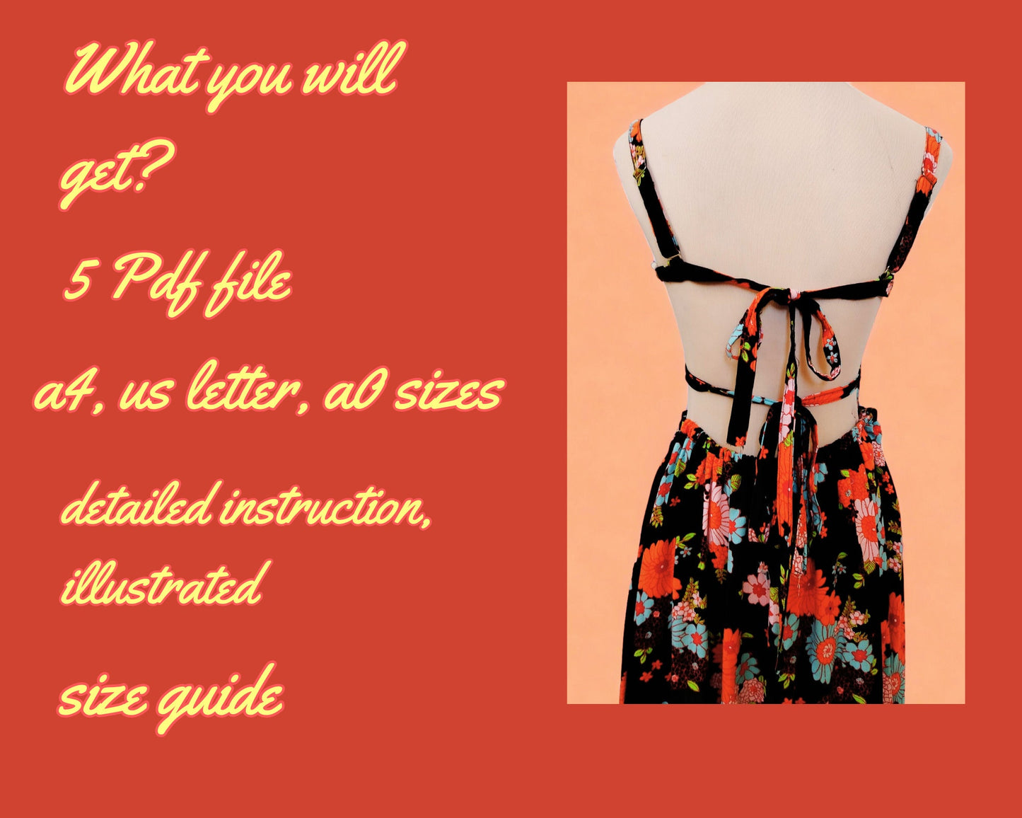 Dress Backless Sewing Pattern, Pdf XXS-4XL size, Easy to Sew, DIY Sundress, Open back, above the knee , Midi length , Trendy Dress